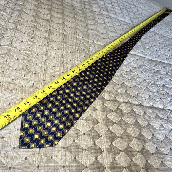 Ermenegildo Zegna Navy Blue 100% Silk w/ Yellow Gold Diamond Geometric Neck Tie - Picture 8 of 11
